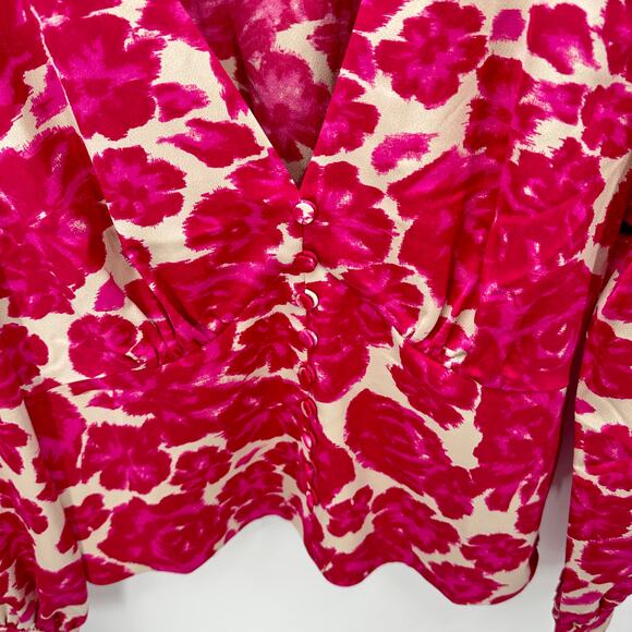 J.Crew Barbie Pink Floral Print Deep V-neck Faux Button Front Fitted Blouse // 2 - Picture 9 of 13